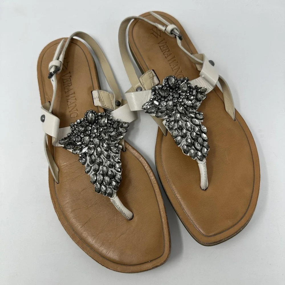 Vera‎ Wang Sandals Womens Size 7 Leather Jeweled Crystal Embellished Dust Bag